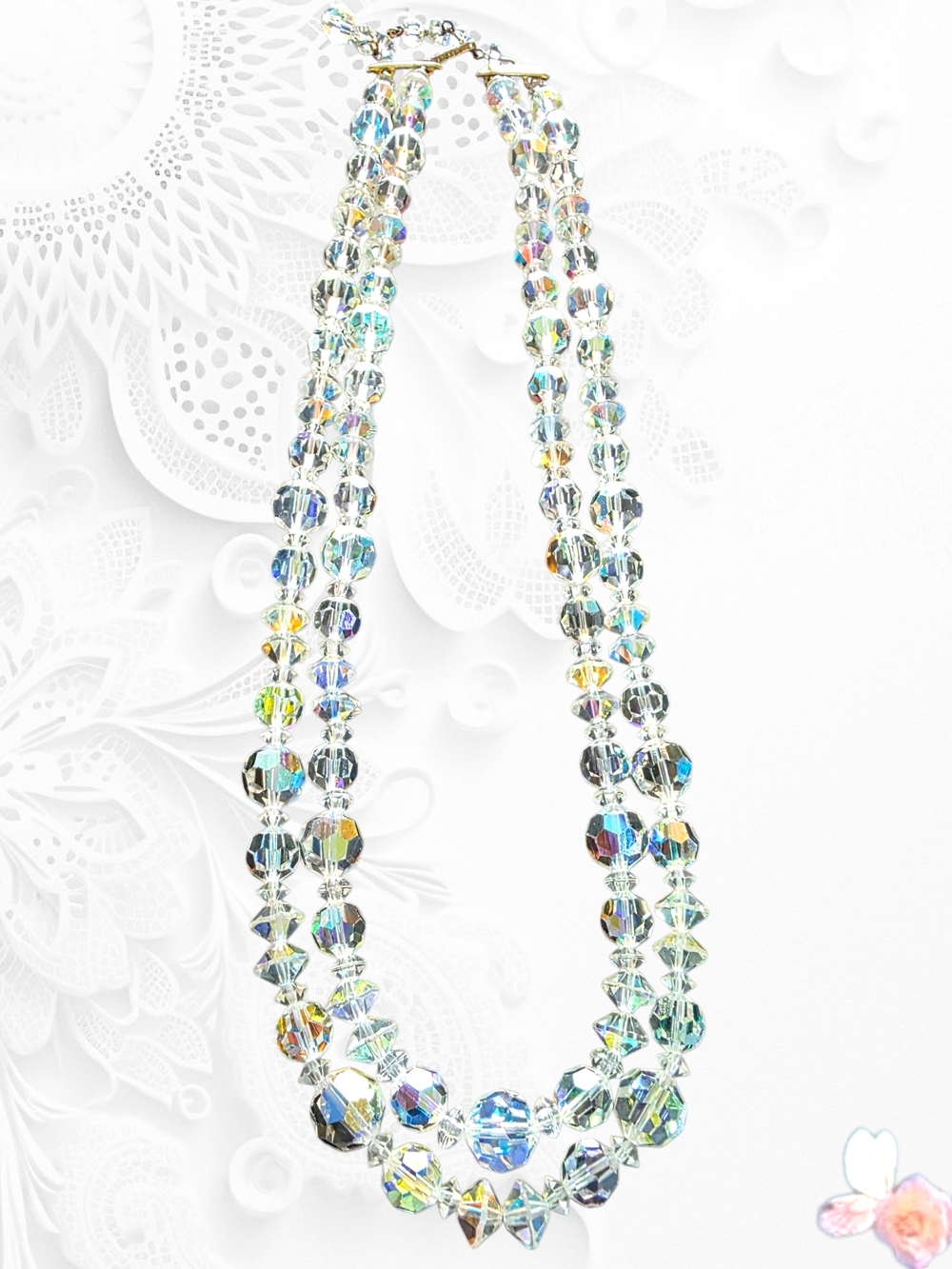 Vintage Lisner Iridescent Crystal Double Strand Necklace AB Clear